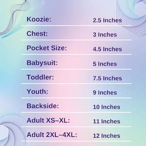 Może przedstawiać: Grafika z tekstem "Measurement Options". Zawiera wymiary dla r&oacute;żnych przedmiot&oacute;w, w tym koozie (6,35 cm), klatki piersiowej (7,62 cm) i rozmiaru kieszeni (11,43 cm). Wymienione są r&oacute;wnież inne rozmiary.