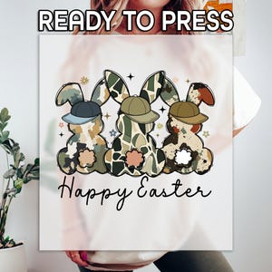 Happy Easter DTF, Hunter Bunny Print, Heat Press DTF Transfer, Funny Easter Print, Easter Day DTF, Ready To Apply, Camo Easter Rabbits Print