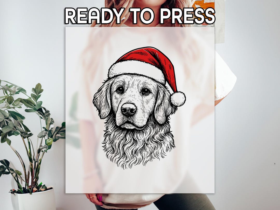 Golden Retriever Christmas DTF Transfer, Dog Wearing Santa Hat Design ...