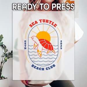 Custom Sea Turtle DTF Transfer For Summer Shirts, Bright Ocean Vibes With Waves And Sun, 2025 Beach Club Art, Shirt Heat Transfer