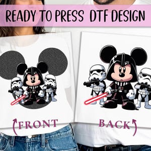 May include: White t-shirts with a DTF design featuring Mickey Mouse as Darth Vader with Stormtroopers. The front design has Mickey Mouse with two black circles. The back design shows Mickey Mouse with Stormtroopers and a red lightsaber.
