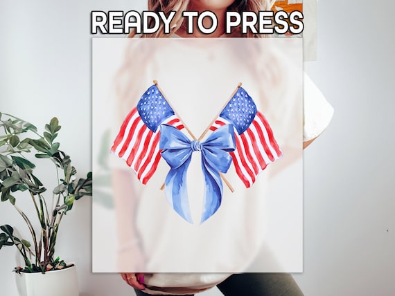 America Flag DTF, Blue Coquette Print, Heat Press DTF Transfer, Watercolor Usa Print, 4th Of July Print DTF, Ready To Apply Transfer