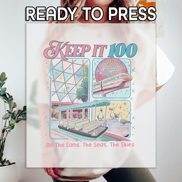 Keep It 100 On The Land The Seas The Skies DTF Transfer, Retro Pastel Disney Boat Seagull DTF, EPCOT World Traveler Shirt Print, Express Dtf