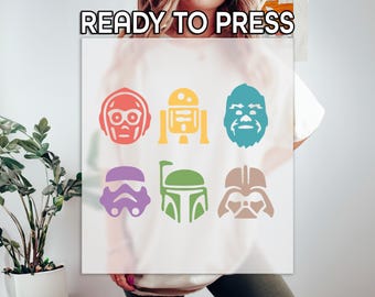 Disney Star Wars Droids DTF Transfer, R2-D2 & C-3PO DTF, Star Wars Group DTF, Star Wars Shirt Printing, Darth Vader Print, Boba Fett Print
