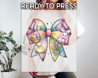 Checkered Coquette Ready to Press DTF, Faux Sparkly Print, Heat Press DTF Transfer, Cute Rabbit Print, Easter Day DTF, Easter Eggs Print