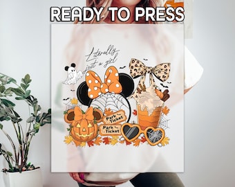 Retro Minnie Halloween Pumpkin Latte DTF Transfer, Minnie Ears With Leopard Bow, Gift For Her, Cozy Autumn Park Day, Disney Halloween Print