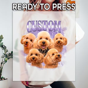 May include: White t-shirt with a graphic of five apricot-colored toy poodles. The word "CUSTOM" is in purple, outlined in silver, above the dogs. The text "READY TO PRESS" is at the top of the image.