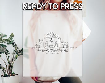 Christmas Nativity Scene DTF Transfer, The Greatest Gift of All Matthew 1:21 DTF, Manger Line Art Design, Holy Family Minimalist Print