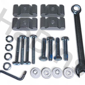 May include: An assortment of metal hardware components, including bolts, washers, and brackets, arranged on a white surface. A wrench and an Allen wrench are also included in the set. The hardware appears to be new and unused.