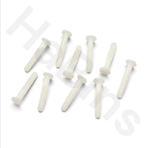 May include: A collection of nine translucent white plastic fasteners, each featuring a flat circular head and a long, slender shaft with a ribbed, textured surface designed for secure insertion and holding in various craft or assembly projects.