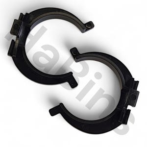 May include: Two black plastic pipe clamps. Each clamp is a semi-circular shape with a locking mechanism on one end and a small tab on the other. The clamps are designed to secure pipes or tubes.
