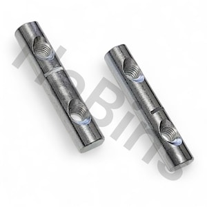 May include: Two silver-colored metal dowels with threaded holes at each end and a central hole. The dowels are cylindrical and have a smooth, reflective surface. They are likely used for construction or repair.