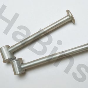 May include: Two silver-colored metal bolts with a threaded shaft and a rounded head. The bolts have a cylindrical body and a small, rectangular block at the base of the threaded section. The background is white.