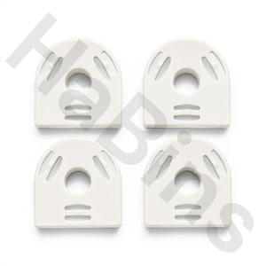 May include: Four off-white plastic furniture glides, each featuring a flat base, a rounded top, a central circular hole, and two sets of curved ventilation slots. These components are arranged in a two-by-two grid pattern on a plain white background.