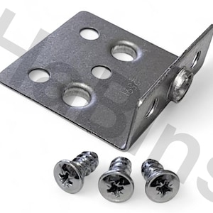 May include: A silver-colored, right-angle bracket with multiple holes for screws, accompanied by three silver screws. The bracket has the number "2591" stamped on it. This hardware is likely used for joining or reinforcing corners in furniture or construction projects.