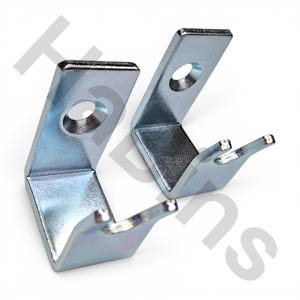 May include: Two galvanized steel corner brackets. Each bracket is L-shaped with a pre-drilled hole for mounting and a curved hook. The brackets are designed for structural support and are suitable for various DIY projects.