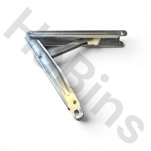 May include: A silver-colored metal folding shelf bracket featuring a hinged design with a support arm. The bracket is constructed from two primary metal channels connected by a pivot point, including a small white plastic component near the hinge.