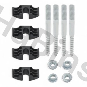 May include: An assortment of hardware components, including four black plastic brackets, four silver bolts, and four silver nuts with washers. The items are arranged on a white background.