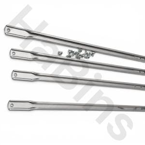 May include: Four long, silver-colored metal drawer slides arranged horizontally. Each slide features a flattened end with a single circular hole. A small cluster of silver metal screws is positioned between the second and third slides.