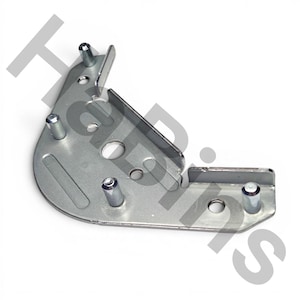 May include: A silver-colored metal corner bracket featuring a curved edge and two straight sides. The bracket includes four vertical cylindrical pins, three circular mounting holes, and two raised rectangular slots for secure attachment.