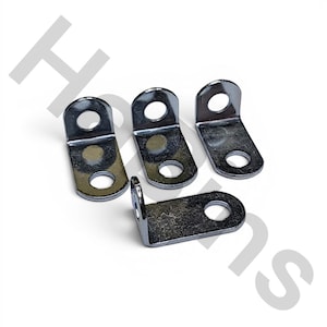 May include: Four L-shaped metal brackets with a dark, metallic finish. Each bracket features two circular holes, one on each perpendicular side, designed for mounting or fastening purposes. The components are arranged in a cluster on a white surface.