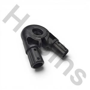 May include: A black plastic joint connector featuring a central circular pivot point and two cylindrical arms extending outward. Each arm includes two small circular holes along its length, designed for secure attachment in modular assembly systems.