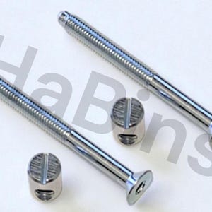 May include: Two silver-colored cam bolts and two cam lock dowels. The bolts have a threaded shaft and a flat head. The dowels are cylindrical with a slot for a screwdriver. Hardware for furniture assembly.