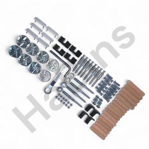 May include: An assortment of furniture hardware components, including screws, bolts, washers, and wooden dowels, arranged on a white surface. The hardware is in various sizes and shapes, with a mix of metal and wood materials.