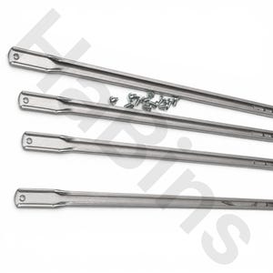 May include: Four long, silver-colored metal drawer slides arranged horizontally. Each slide features a flattened end with a single circular hole. A small cluster of silver metal screws is positioned between the second and third slides.