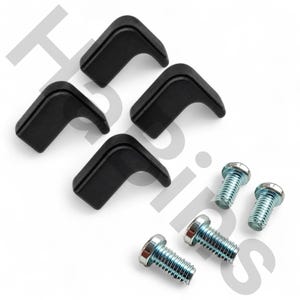 May include: A set of four black corner protectors and four silver bolts with a hex head. The corner protectors are L-shaped and designed to fit snugly. The bolts have a silver finish and are threaded for secure fastening.