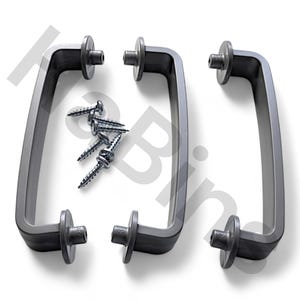 May include: Three gray door handles with matching screws. The handles are rectangular with rounded corners and circular mounting plates. The screws are silver with a black head. The handles are for home improvement.