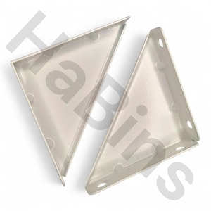 May include: Two silver-colored, right-angle corner braces. Each brace is triangular with rounded corners and multiple pre-drilled holes for screws. The braces are made of metal and are designed for structural support.