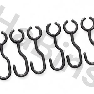 May include: Six dark gray plastic S-hooks arranged in a row. Each hook has a curved top and a curved bottom, with a curved stem connecting them. The hooks are designed for hanging items.