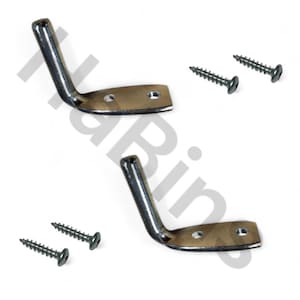 May include: Two chrome-plated metal corner brackets with two pre-drilled holes each, and six black screws. The brackets have a right-angle design, suitable for joining two surfaces at a 90-degree angle. Hardware for construction and repair.