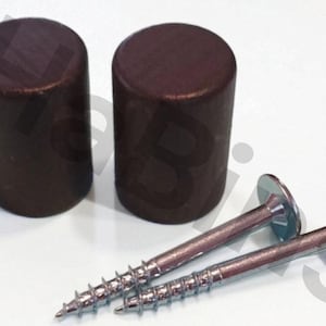 Könnte beinhalten: Zwei dunkelbraune Möbelstopfen aus Holz und zwei silberne Schrauben mit flachen Köpfen sind auf einer weißen Oberfläche angeordnet. Die Stopfen sind zylindrisch und die Schrauben haben ein spiralförmiges Design.
