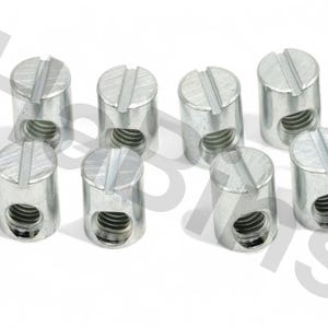 May include: Eight silver-colored barrel nuts with a slotted head and a threaded interior. The nuts are cylindrical with a hole through the side for insertion. They are arranged on a white background.