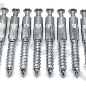 May include: A set of eight silver-colored hanger bolts. Each bolt has a wood screw thread on one end and a machine screw thread on the other, with a hex head in the middle. The bolts are arranged in a row.