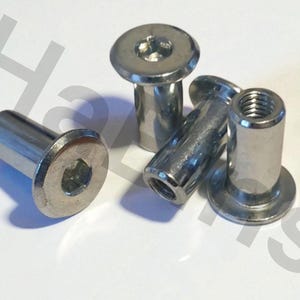 May include: A collection of stainless steel rivet nuts with a hex socket head. The rivet nuts have a cylindrical body and a flanged head. The image shows the rivet nuts on a white surface.