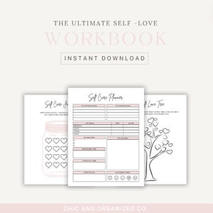 May include: A printable self-care workbook with three pages. The first page is a self-care jar with hearts to colour in. The second page is a self-care planner with sections for morning and evening routines, priorities, schedule, and notes to self. The third page is a self-love tree with hearts to colour in. The text on the page says "The Ultimate Self-Love Workbook Instant Download".