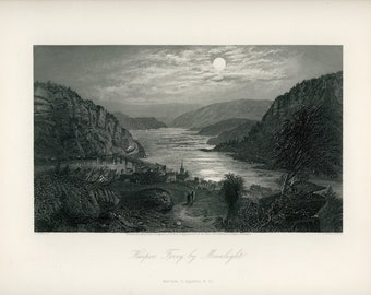 Harpers Ferry a la luz de la luna: escaneo de alta resolución de 600 ppp y 24 bits de un grabado en acero original del libro Picturesque America de 1870.
