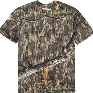 May include: A short-sleeved camouflage t-shirt featuring a realistic forest pattern in shades of brown, green, and tan. The shirt has a crew neck and a standard fit. The text "DEAR UP SOUTHERN" is visible on the shirt.