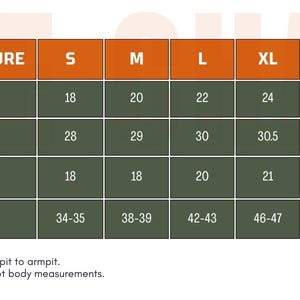 May include: Apparel size chart with measurements in inches, converted to cm, for chest width, garment length, and sleeve length, from S to 3XL. Includes chest size ranges. The chart is on a green and orange background.