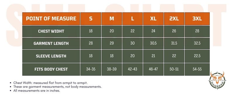 May include: Apparel size chart with measurements in inches, converted to cm, for chest width, garment length, and sleeve length, from S to 3XL. Includes chest size ranges. The chart is on a green and orange background.