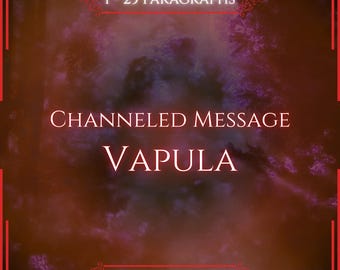 May include: A square digital graphic with a dark red and purple smoky background. The text reads 1 - 25 PARAGRAPHS, CHANNELED MESSAGE VAPULA, and VITALII'S ORACLE. The design is framed by thin red lines with decorative corner flourishes.