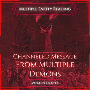 Könnte beinhalten: Eine dunkelrote grafische Illustration mit einer zentralen gehörnten Figur, die Fackeln über einer Menschenmenge hält. Der Text lautet: MULTIPLE ENTITY READING, CHANNELED MESSAGE FROM MULTIPLE DEMONS und VITALII'S ORACLE. Die Szene zeigt Fledermäuse und Figuren.