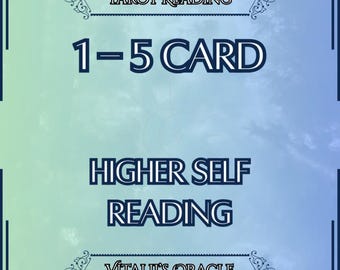 Puede incluir: Gráfico digital con un fondo degradado azul y verde. El texto incluye "Tarot Reading", "1-5 Card", "Higher Self Reading" y "Vitali's Oracle". Adornos decorativos enmarcan el texto.