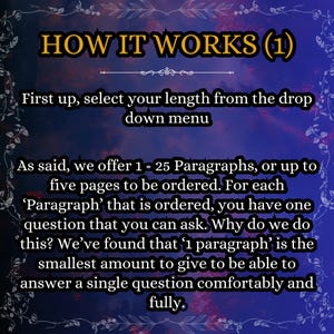 May include: A dark blue informational graphic with white text that reads: HOW IT WORKS (1). First up, select your length from the drop down menu. As said, we offer 1 - 25 Paragraphs, or up to five pages to be ordered. For each Paragraph that is ordered, you have one question that you can ask. Why do we do this? We&rsquo;ve found that 1 paragraph is the smallest amount to give to be able to answer a single question comfortably and fully.
