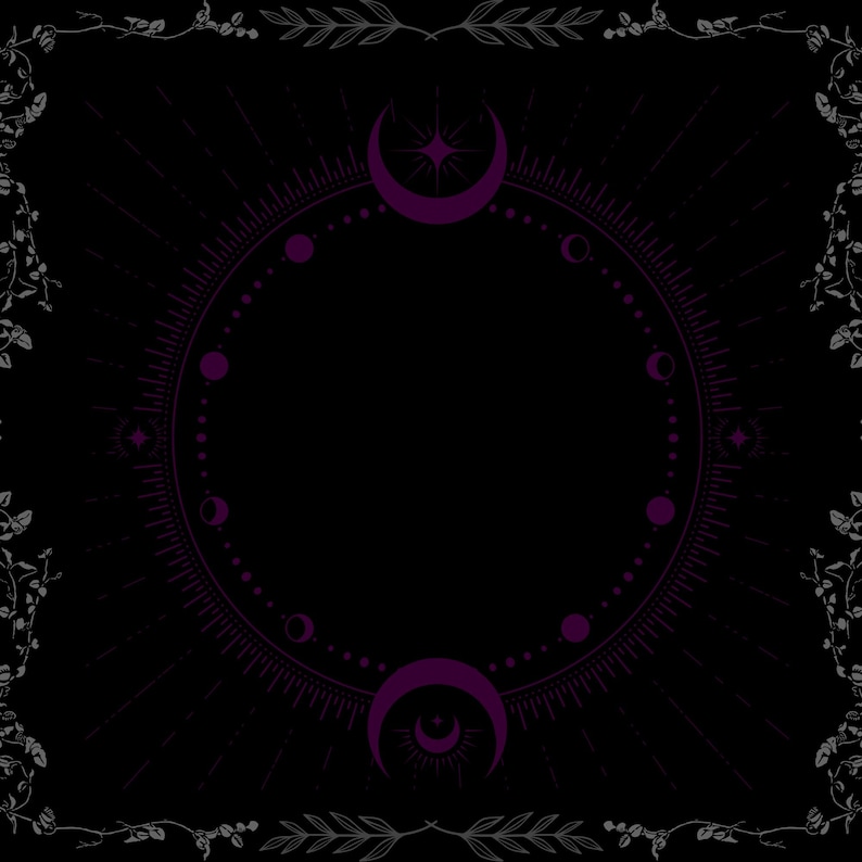 May include: A square black graphic featuring a central circular frame in deep purple. The frame is adorned with a lunar cycle sequence, including crescent moons at the top and bottom, surrounded by a delicate border of botanical vine illustrations.