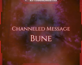 May include: A square graphic with a dark red and purple smoky background featuring white text that reads 1 - 25 PARAGRAPHS, CHANNELED MESSAGE, BUNE, and VITALII'S ORACLE, all framed by a thin red border with decorative corner flourishes.