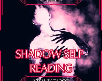 Puede incluir: Un gráfico digital para una lectura del yo en la sombra de Vitalii's Tarot con una figura estilizada en rosa y negro. El texto dice 1-5 CARDS, SHADOW SELF READING y VITALII'S TAROT. El diseño incluye bordes decorativos y un efecto de humo.